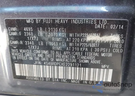 2014 Subaru Outback 3.6R Limited z USA, uszkodzony, nr VIN 4S4BRDPCXE2291121